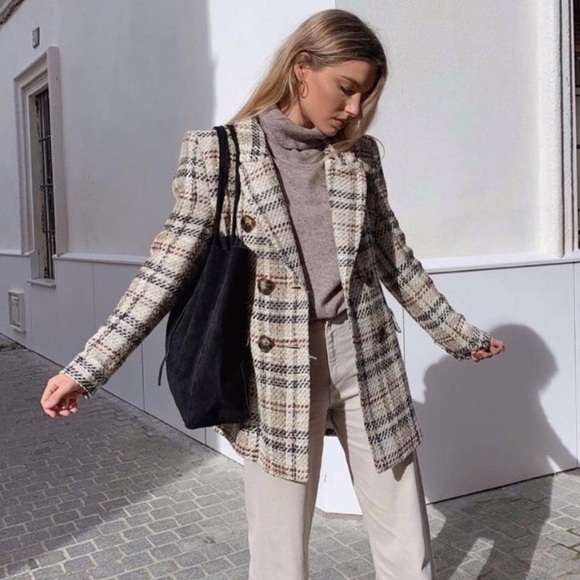 Zara Jackets & Blazers - Zara Double Breasted Plaid Tweed Textured Wool Blazer